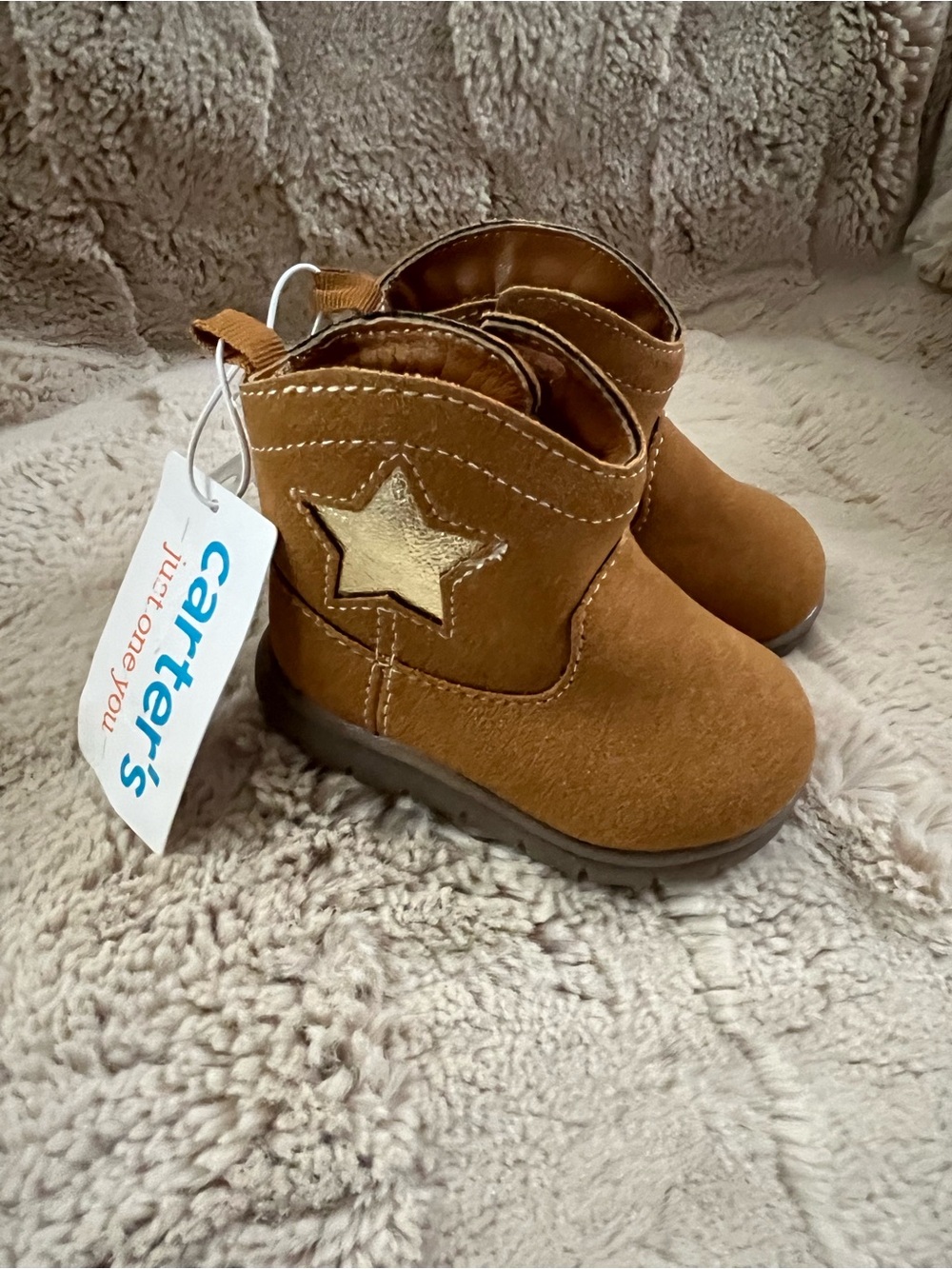 Carters Baby Cowboy Boots Gold Star Brown Velcro Size 3C